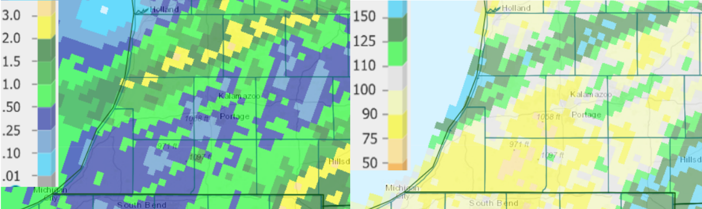 Precipitation totals from the past seven days (left) and percent of normal for the last 30 days (right) as of June 2.